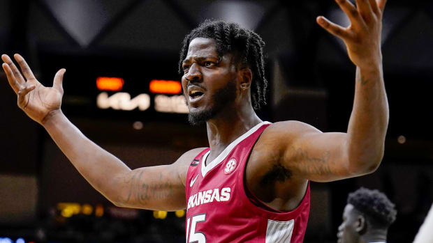 Razorbacks' Makhi Mitchell reacts against Missouri